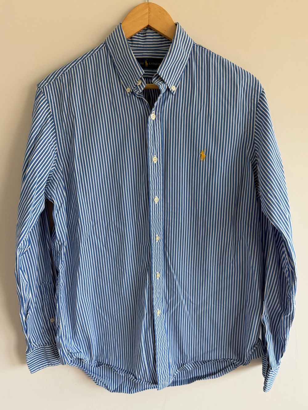 Ralph Lauren Mens M Blue White Striped Button Down Shirt Yellow Pony